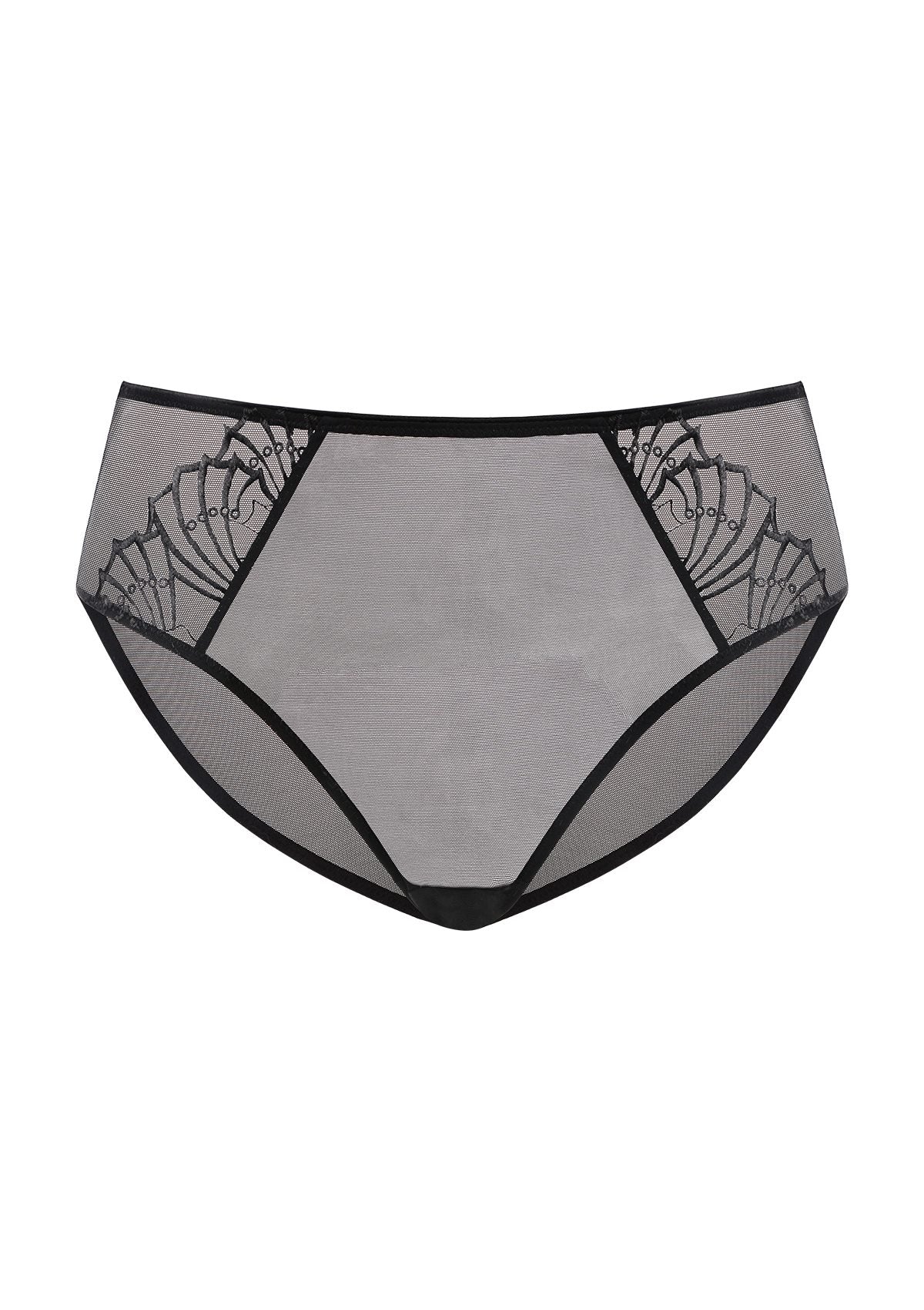 White background product shot of the black HSIA Pearl Shimmer full coverage panty, highlighting the zero-rolling high waistband and the extended 100% cotton gusset.