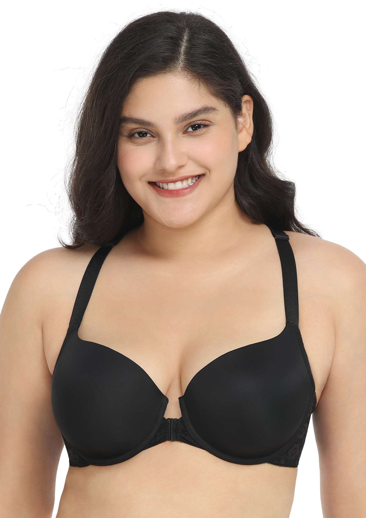 Serena Front-Close Lace-Back Black Underwire Bra Set - HSIA