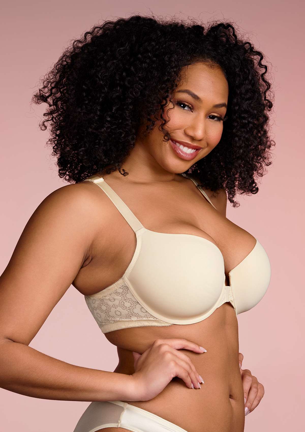 Serena Front-Close Champagne Lace-Back Racerback Underwire Bra Set - HSIA
