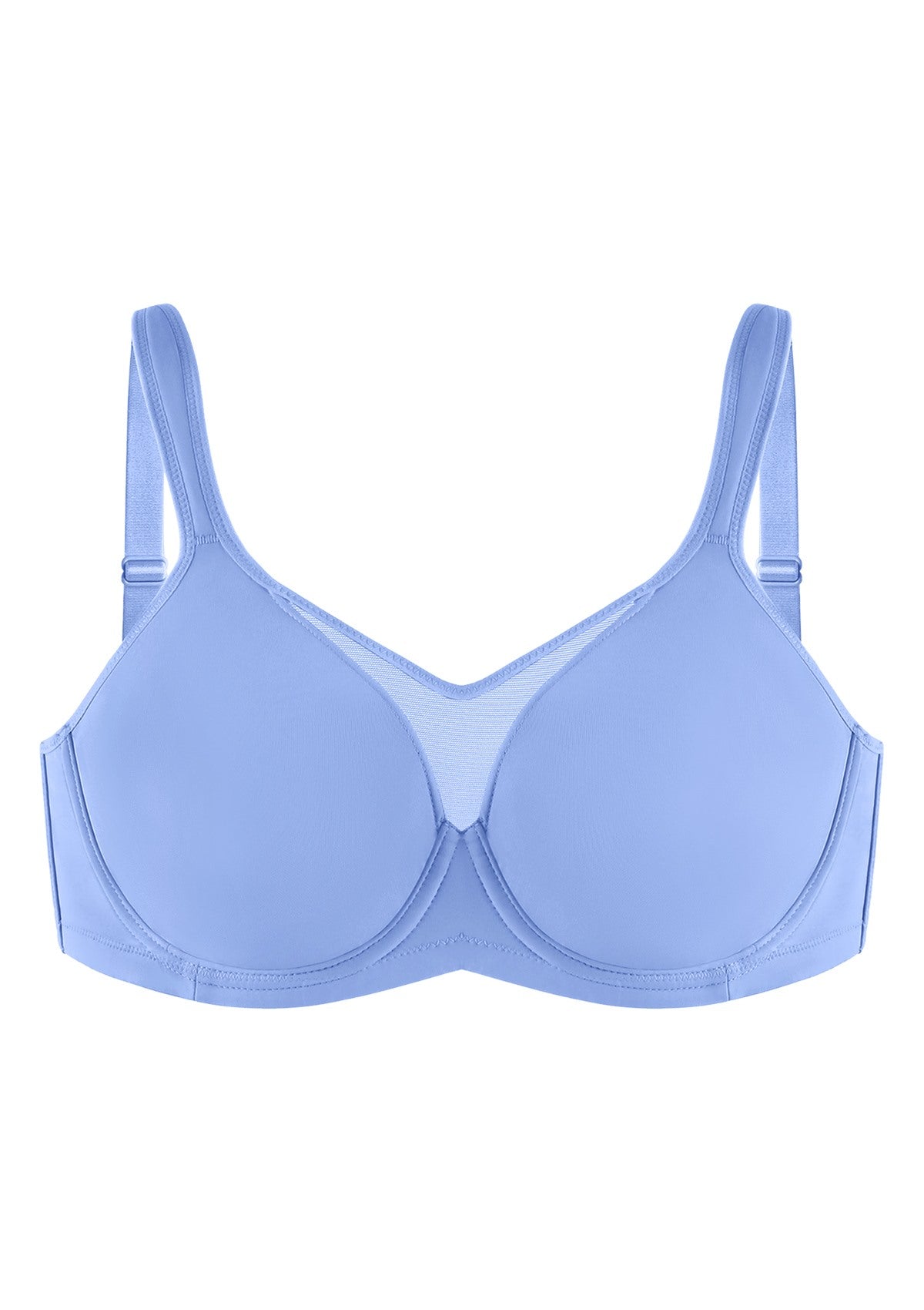 3D studio shot of the HSIA sky blue FlexGuard underwire bra, showcasing the precision engineering and elegant center mesh panel.