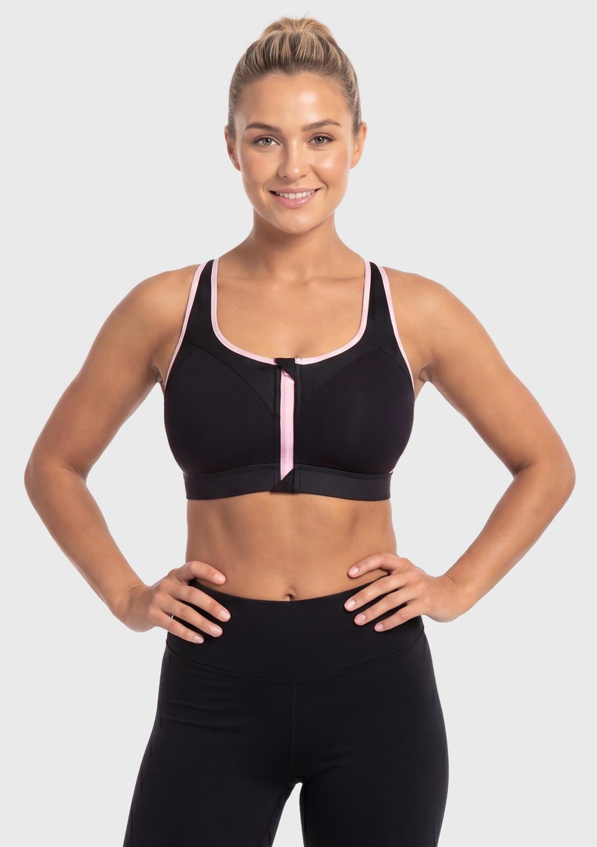 Front view of model in the classic Black HSIA Speed Race front closure sports bra, an effortless and supportive post surgery front zip bra for large busts.