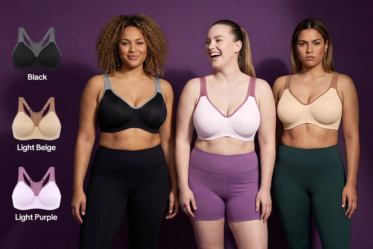 A woman confidently working out in the ComfyArc, the best sports bra for large breasts, featuring a breathable unlined design for ultimate bounce-free support.