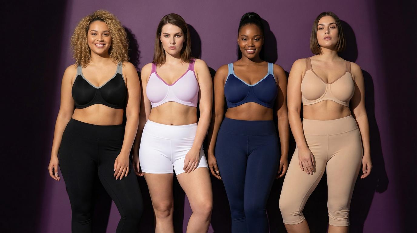 Four diverse women modeling full-coverage bras in black, pink, navy, and nude against purple backdrop, showing inclusive sizing for large bust support