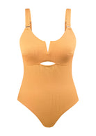 Sandwich Air cup V-wire Plunge Textured One-piece Cutout Swimsuit - HSIA