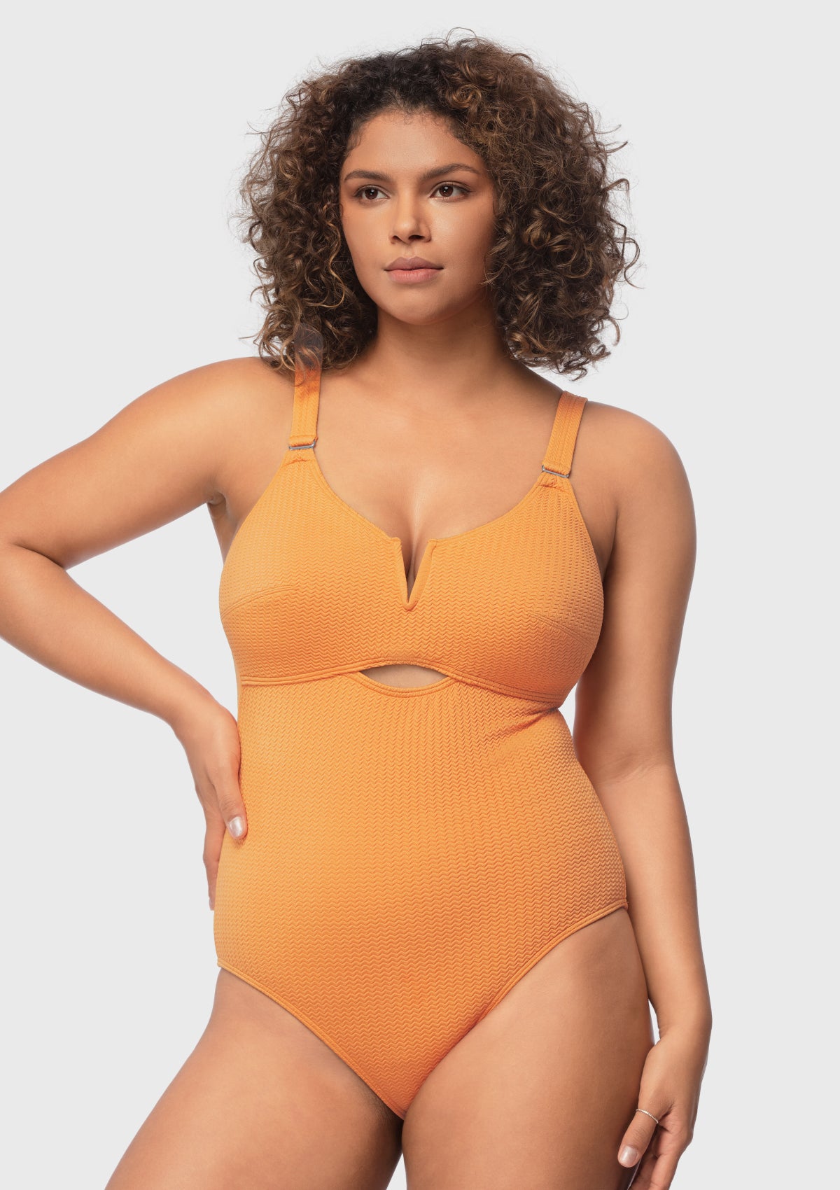 Sandwich Air cup V-wire Plunge Textured One-piece Cutout Swimsuit - HSIA