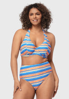 Multi Colored Striped Textured Halter Bikini Set - HSIA