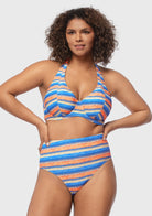 Multi Colored Striped Textured Halter Bikini Set - HSIA