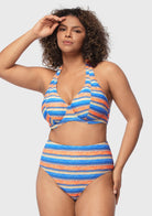 Multi Colored Striped Textured Halter Bikini Set - HSIA