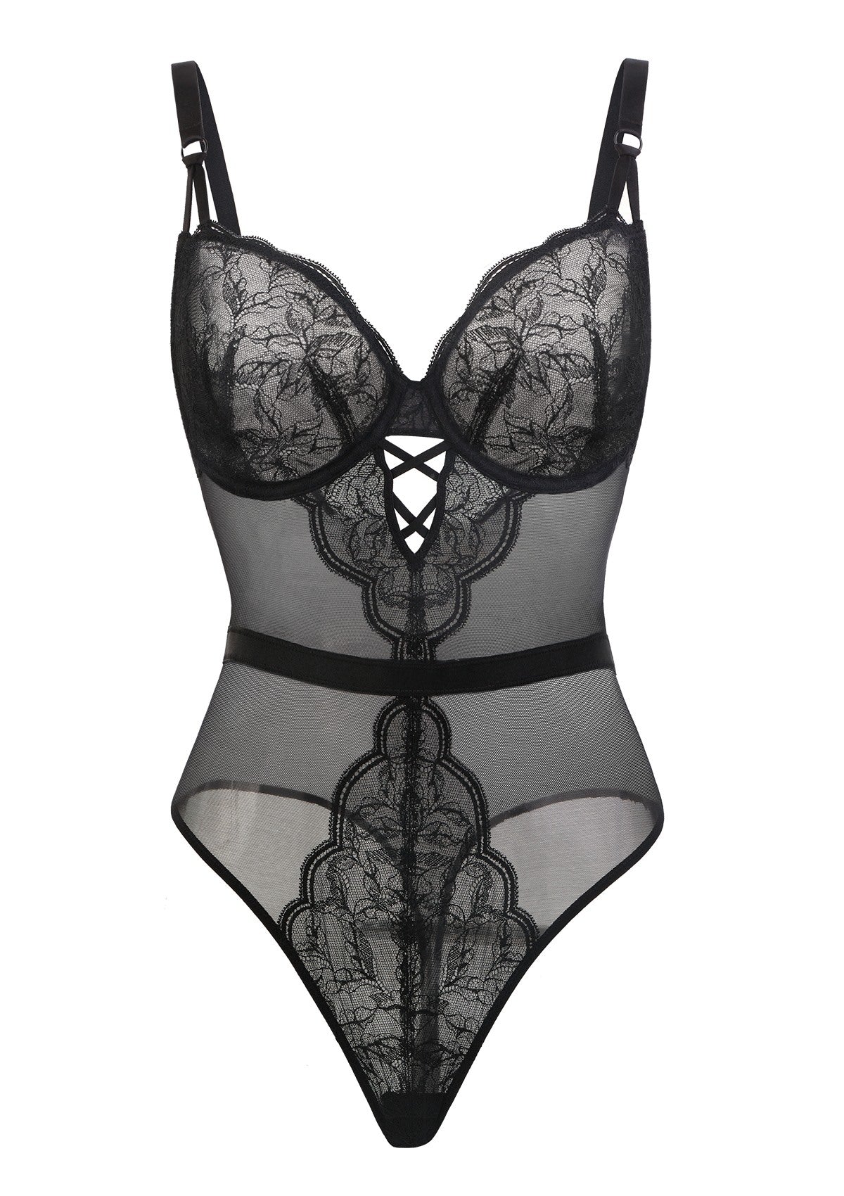 Blossom Mist Plus Size Lace Bodysuit Sexy Unlined Underwire Top Lingerie One Piece Snap Crotch Teddy - HSIA