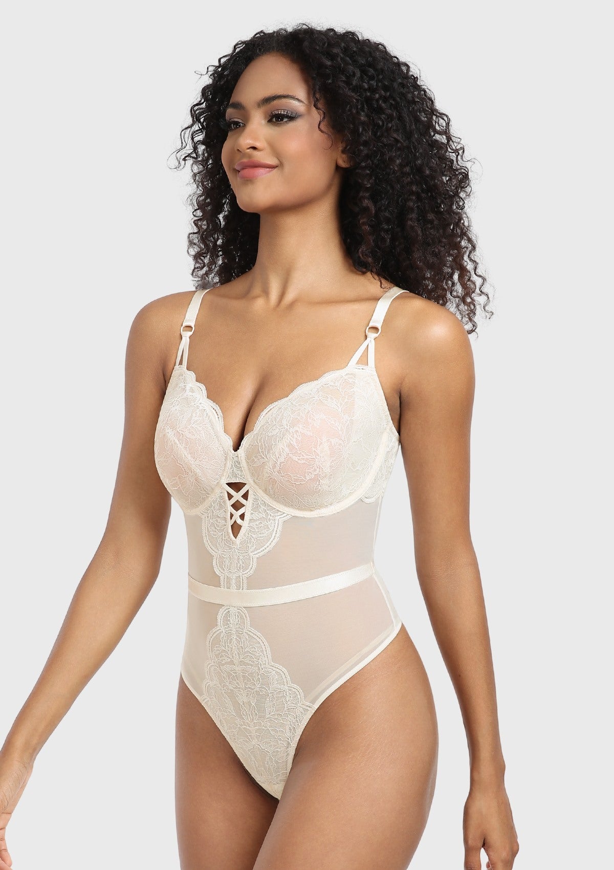 Blossom Mist Plus Size Lace Bodysuit Sexy Unlined Underwire Top Lingerie One Piece Snap Crotch Teddy - HSIA