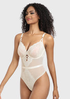 Blossom Mist Plus Size Lace Bodysuit Sexy Unlined Underwire Top Lingerie One Piece Snap Crotch Teddy - HSIA