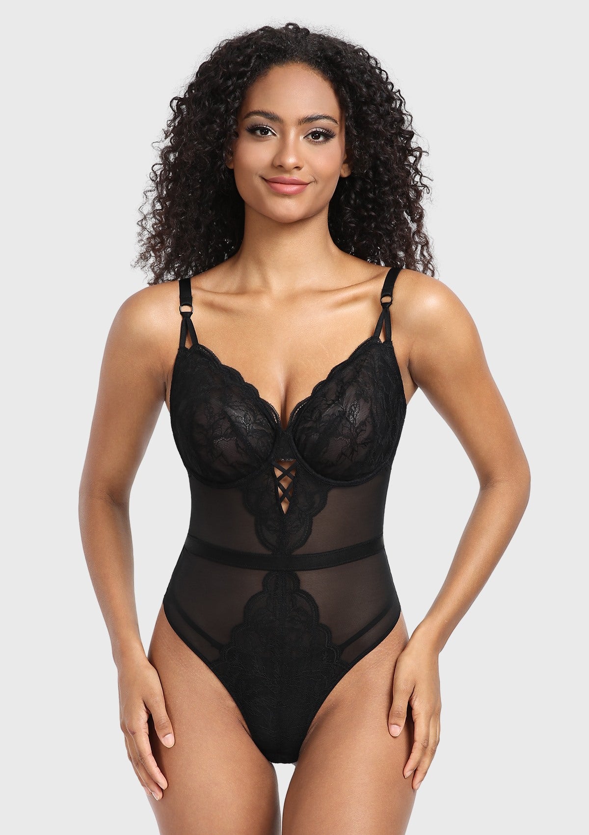 Blossom Mist Plus Size Lace Bodysuit Sexy Unlined Underwire Top Lingerie One Piece Snap Crotch Teddy - HSIA
