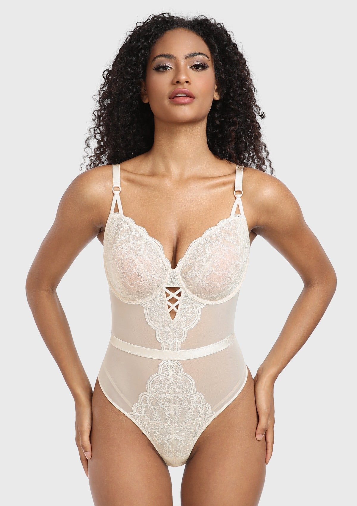 Blossom Mist Plus Size Lace Bodysuit Sexy Unlined Underwire Top Lingerie One Piece Snap Crotch Teddy - HSIA
