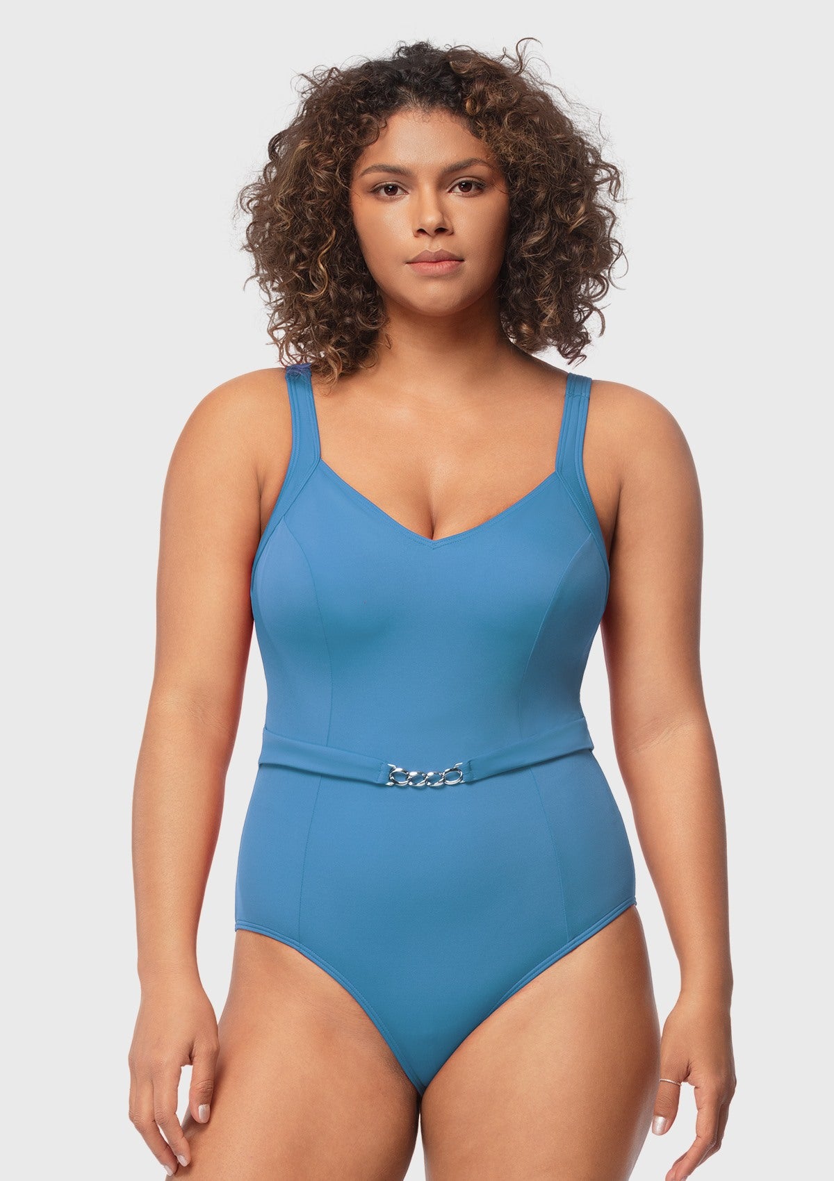 V-Neck Chain Trim One-Piece Swimwear - HSIA