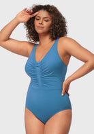 V-Neck Shirred One-Piece Swimwear - HSIA