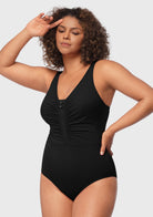 V-Neck Shirred One-Piece Swimwear - HSIA