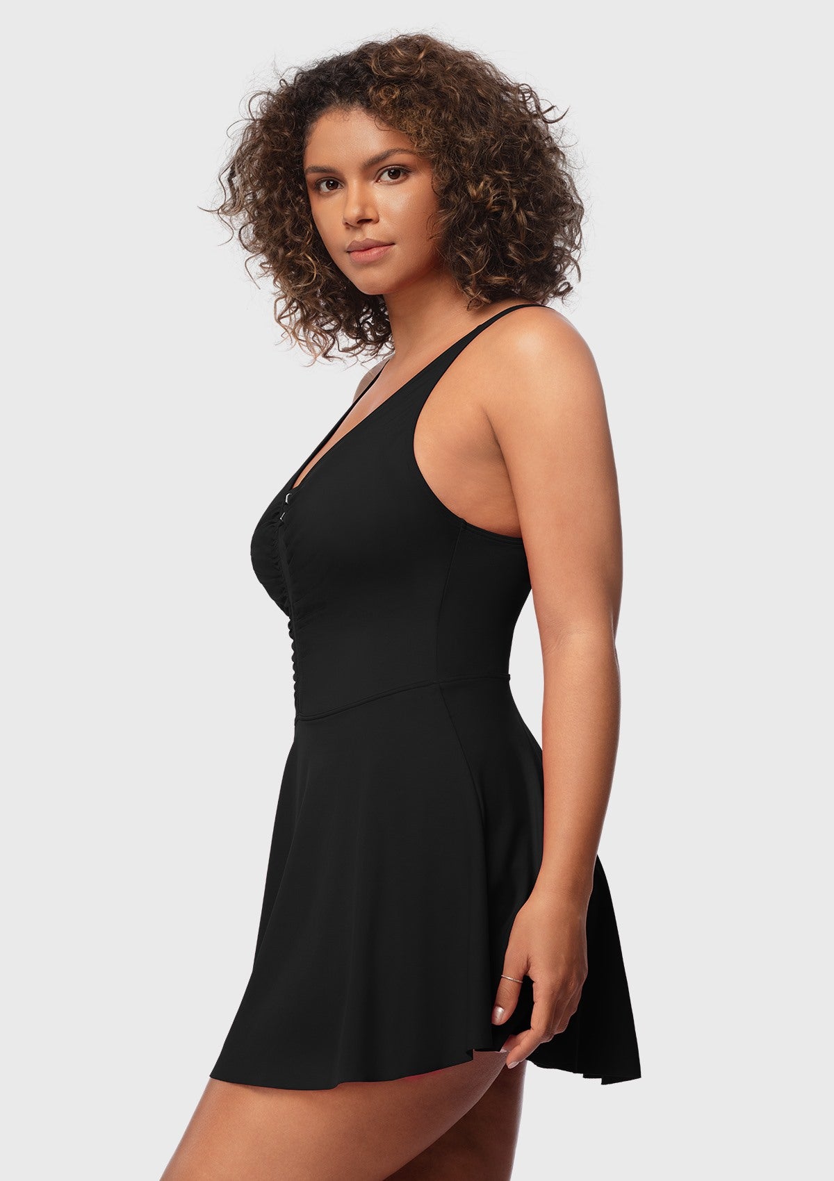 V-neck Shirred One-piece Swimdress - HSIA