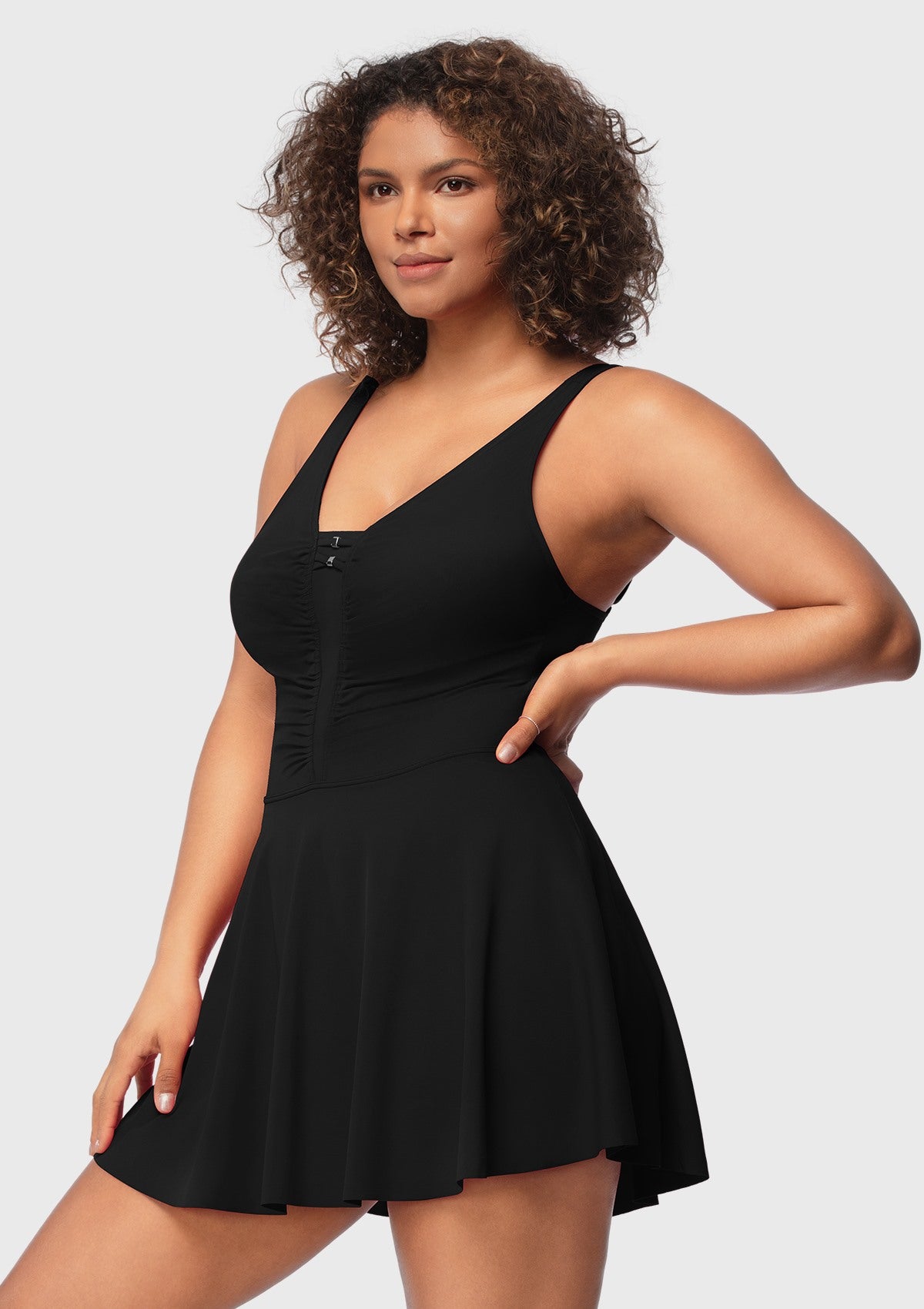 V-neck Shirred One-piece Swimdress - HSIA