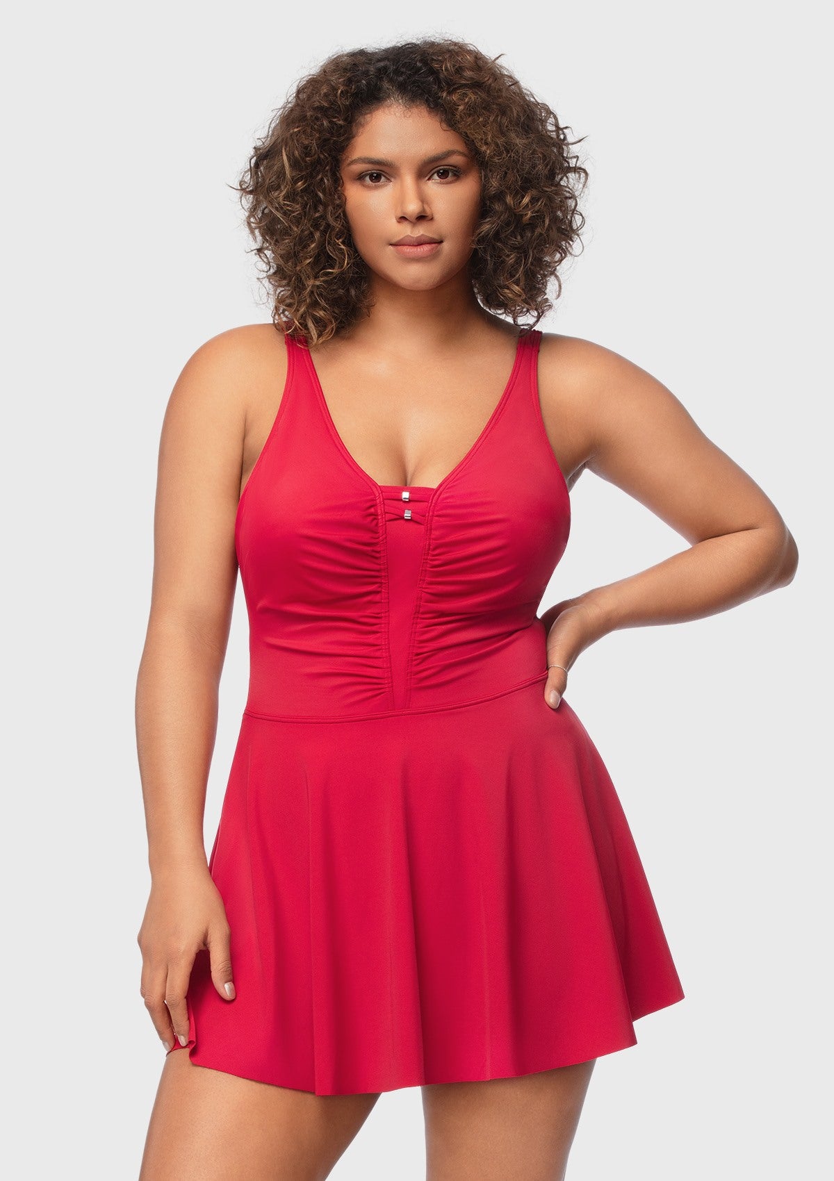 V-neck Shirred One-piece Swimdress - HSIA