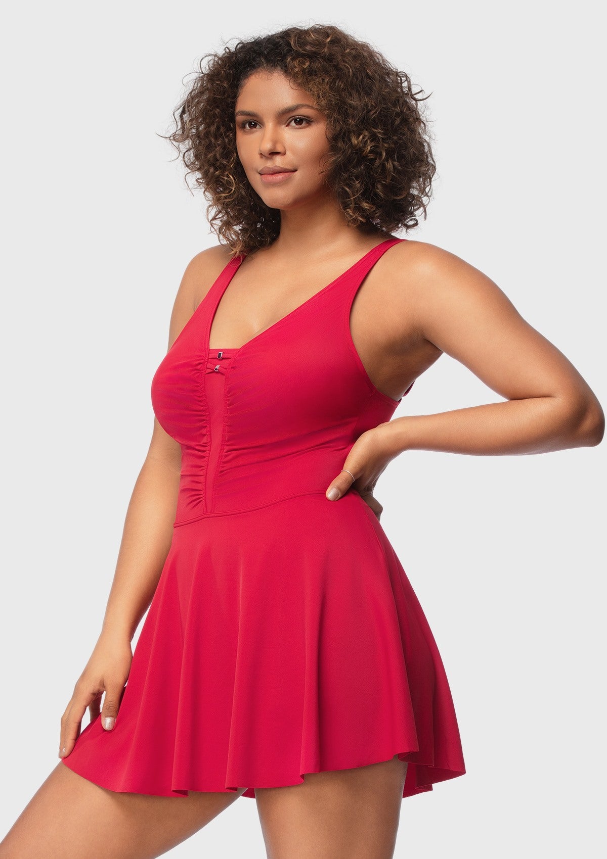 V-neck Shirred One-piece Swimdress - HSIA