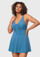 V-neck Shirred One-piece Swimdress - HSIA