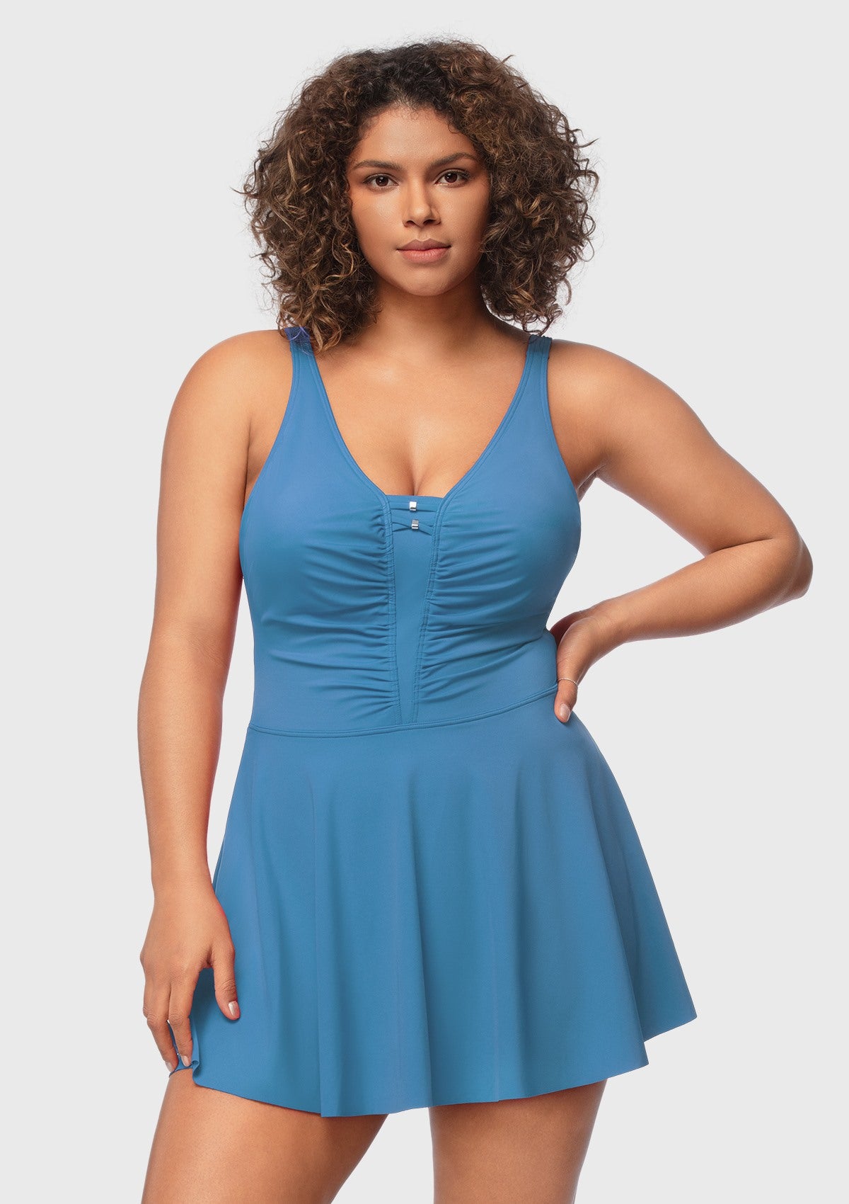 V-neck Shirred One-piece Swimdress - HSIA
