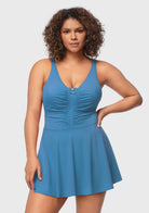 V-neck Shirred One-piece Swimdress - HSIA