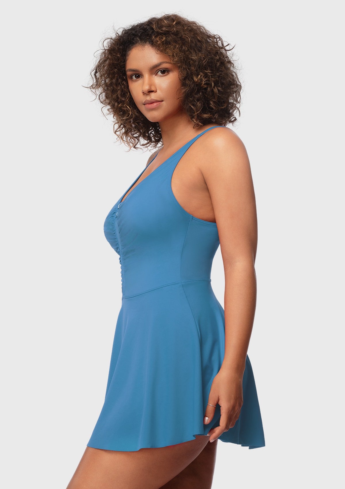 V-neck Shirred One-piece Swimdress - HSIA