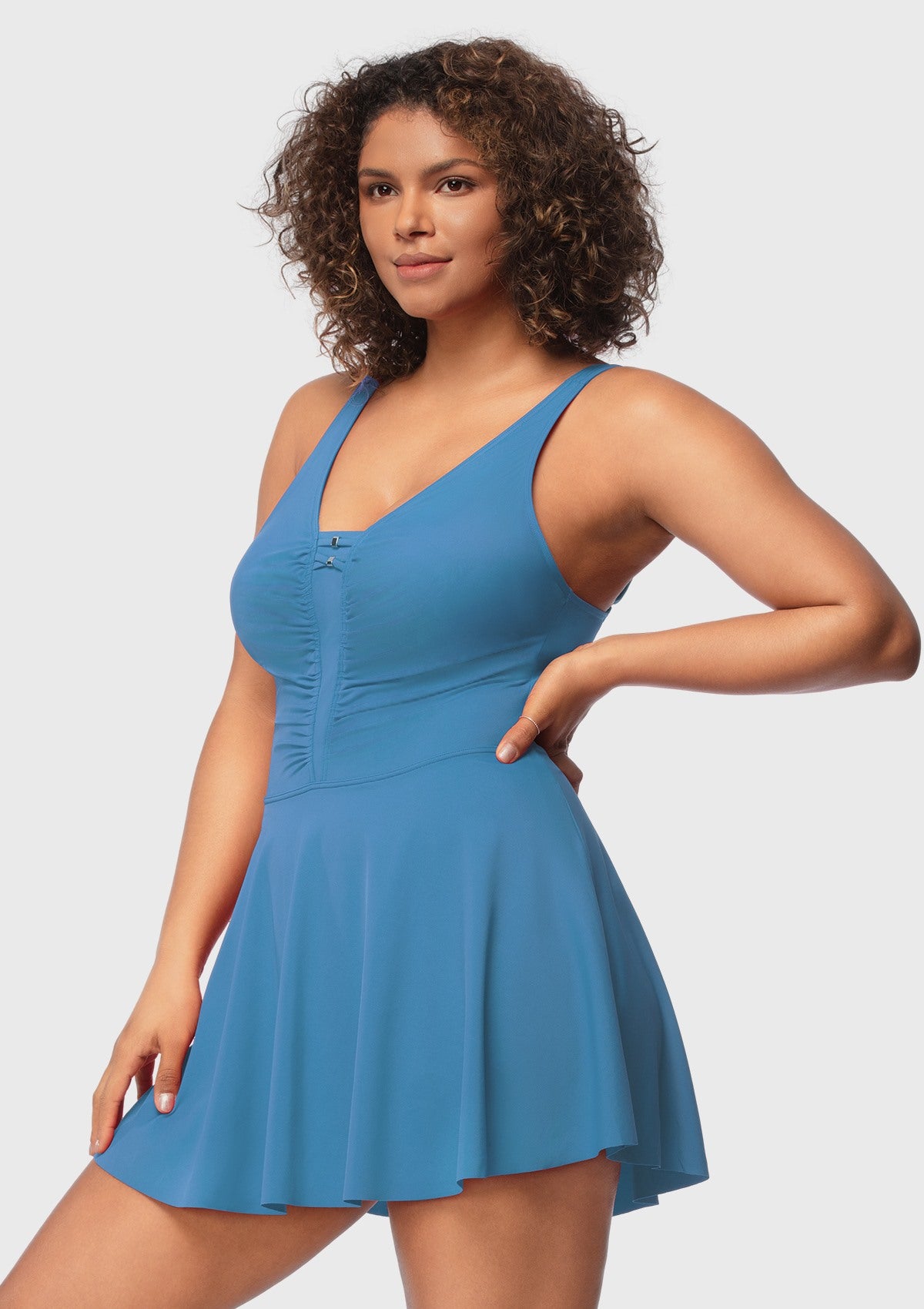 V-neck Shirred One-piece Swimdress - HSIA