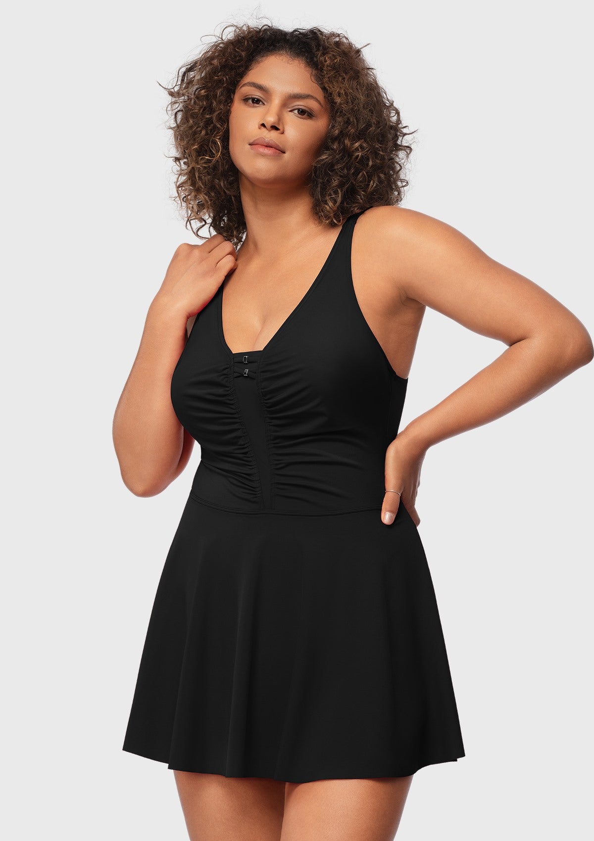 V-neck Shirred One-piece Swimdress - HSIA