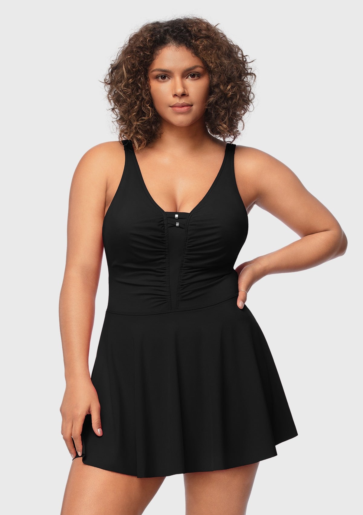 V-neck Shirred One-piece Swimdress - HSIA