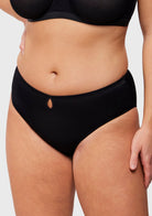 Black Bella smooth sheer mesh bikini underwear on model, front view, featuring a flattering mid-low rise fit.