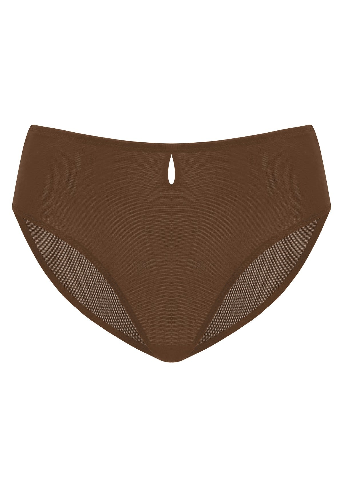 Coffee Brown Bella sheer mesh bikini underwear on model, front view, offering super soft sheer mesh comfort.