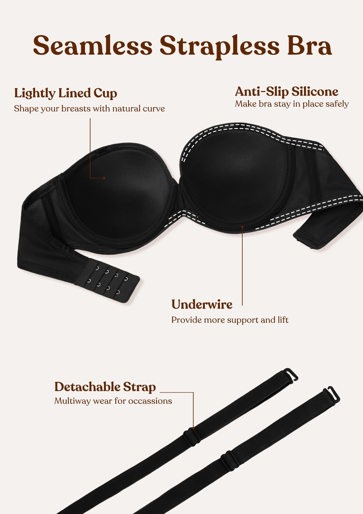Close-up details of the black convertible underwire bra: naturally shaping lightly lined cups, safe anti-slip silicone, lift-providing underwire, and multiway detachable straps.