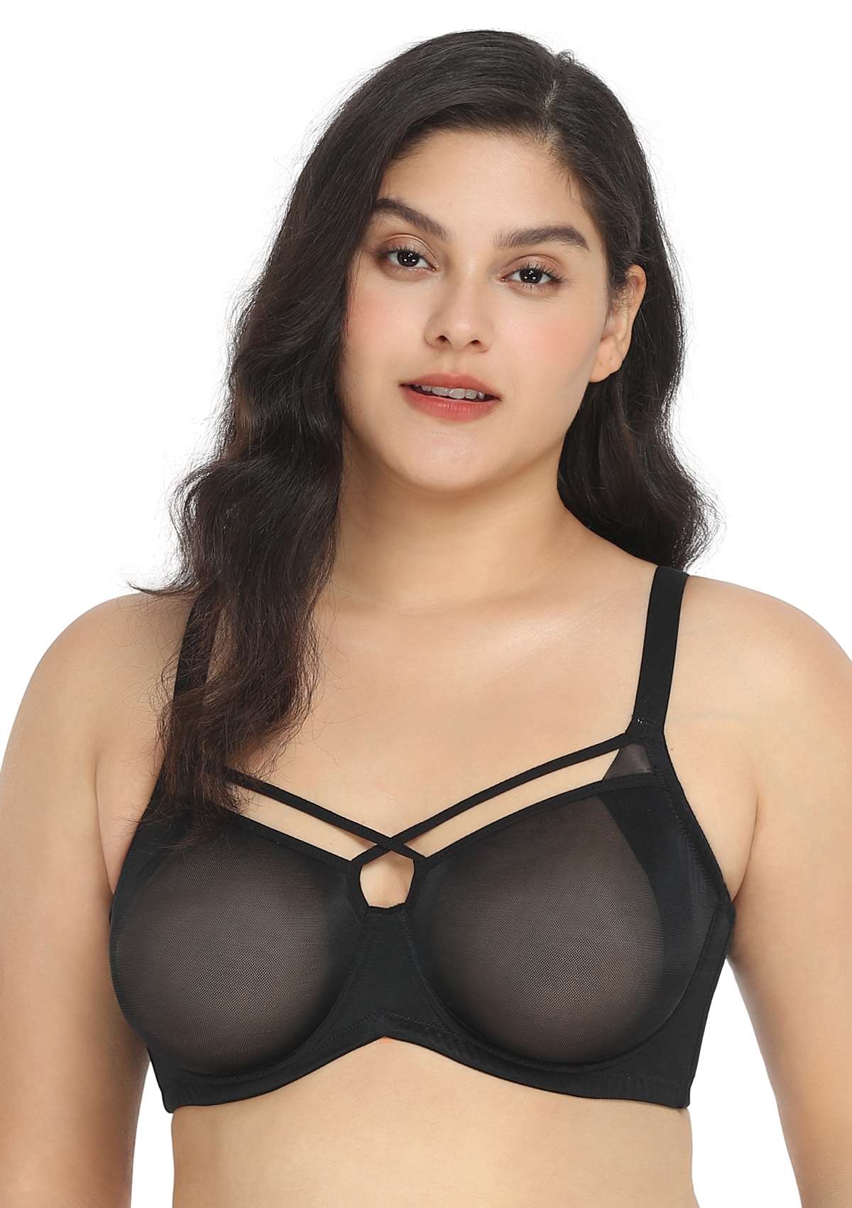 Billie Cross Front Strap Black Smooth Sheer Mesh Underwire Bra Set - HSIA