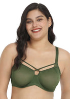 Billie Cross Front Strap Dark Green Smooth Sheer Mesh Underwire Bra - HSIA