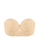High-resolution 3D shot of the HSIA beige sustainable lace bra, detailing the eco-friendly yarns, delicate daisy motifs, and silicone-lined edges.