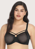 Billie Cross Front Strap Black Smooth Sheer Mesh Underwire Bra Set - HSIA