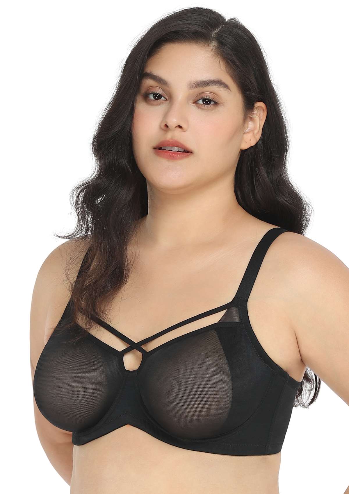 Billie Cross Front Strap Black Smooth Sheer Mesh Underwire Bra Set - HSIA