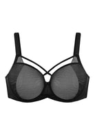 Billie Cross Front Strap Black Smooth Sheer Mesh Underwire Bra Set - HSIA