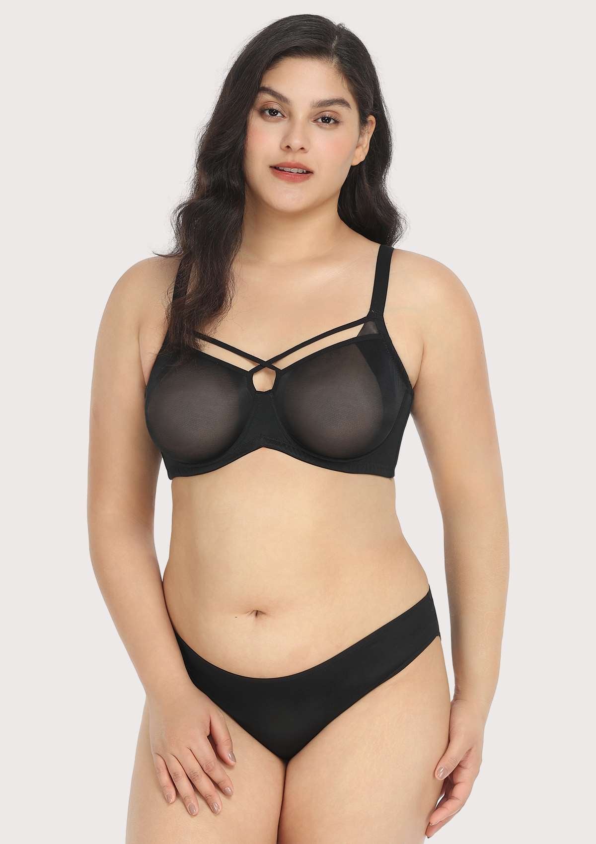 Billie Cross Front Strap Black Smooth Sheer Mesh Underwire Bra Set - HSIA