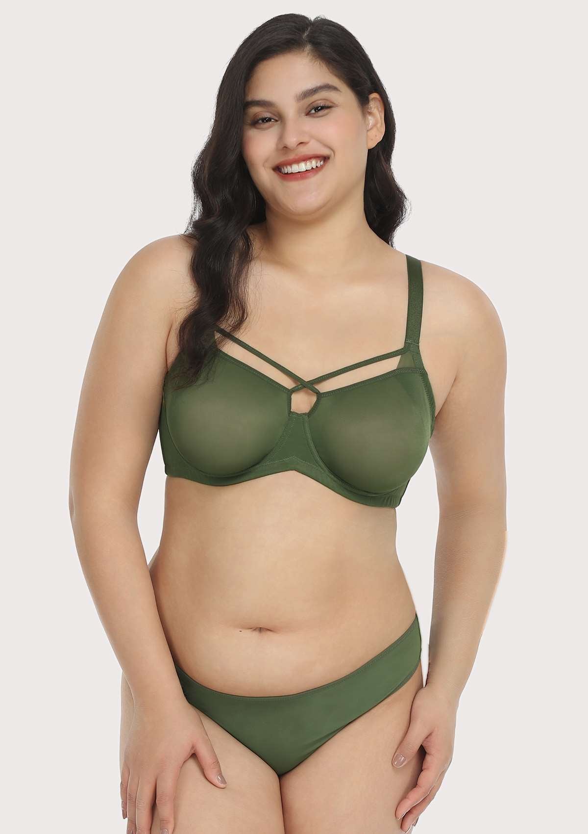 Billie Cross Front Strap Dark Green Smooth Sheer Mesh Underwire Bra - HSIA