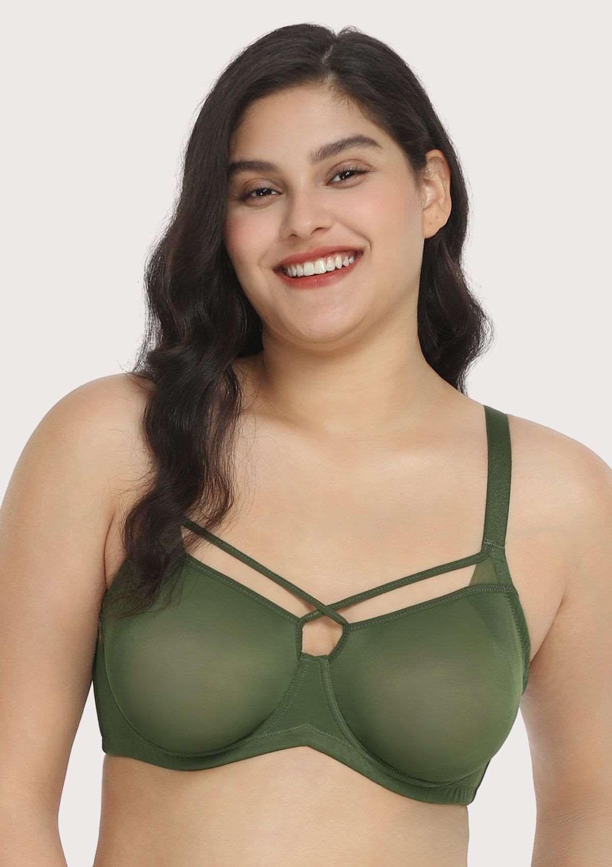 Billie Cross Front Strap Dark Green Smooth Sheer Mesh Underwire Bra - HSIA
