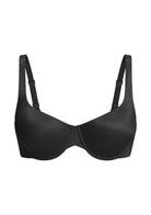 High-resolution 3D shot of the HSIA black cloud satin balconette bra, emphasizing the elegant half-cup structure and silky finish.