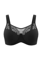 3D flat lay shot of the HSIA black embroidered mesh bra, highlighting the high-cut sheer mesh neckline and premium stretch fabric.