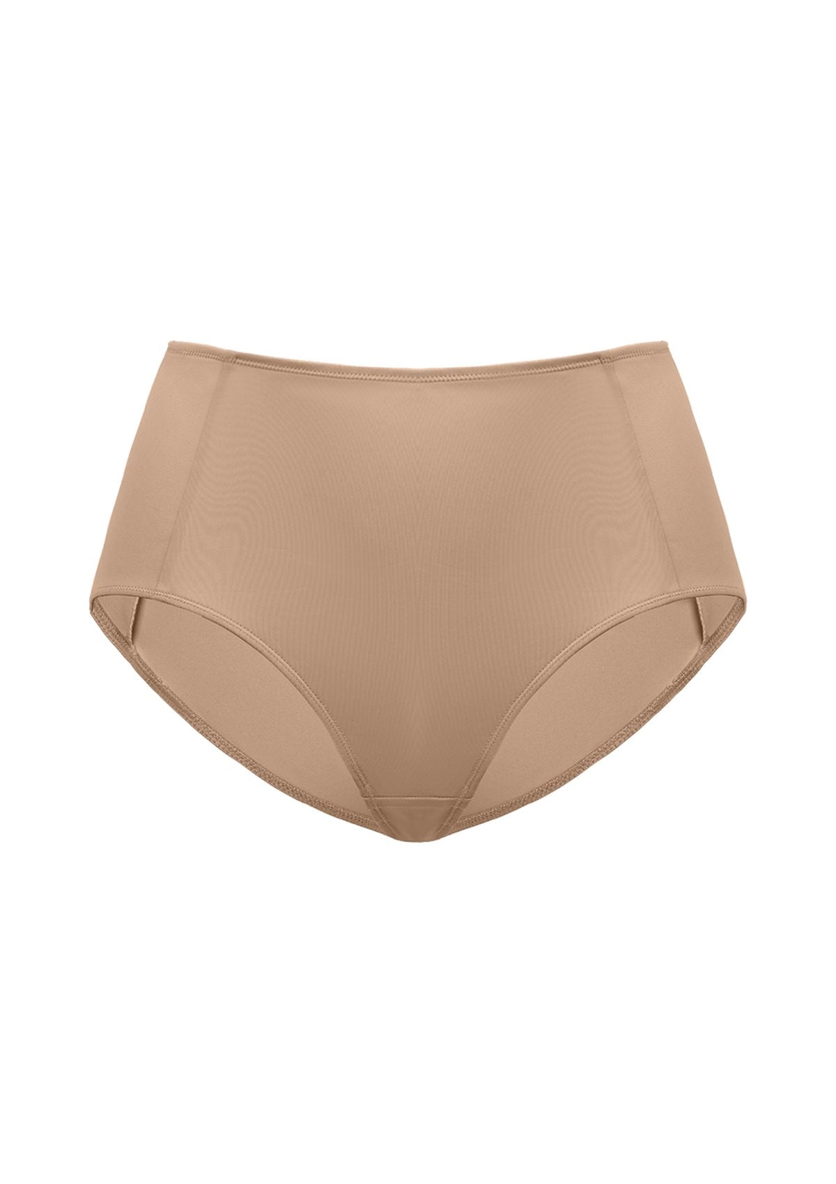 Studio shot of the Dark Beige HSIA CoolComfort high-waist brief, highlighting the stay-in-place security and light shaping construction for active days.