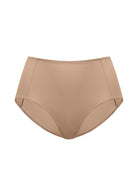Studio shot of the Dark Beige HSIA CoolComfort high-waist brief, highlighting the stay-in-place security and light shaping construction for active days.