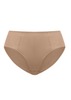 Studio shot of the Dark Beige HSIA CoolComfort mid-rise brief, highlighting the stay-in-place security and lightweight elastic edges for active days.