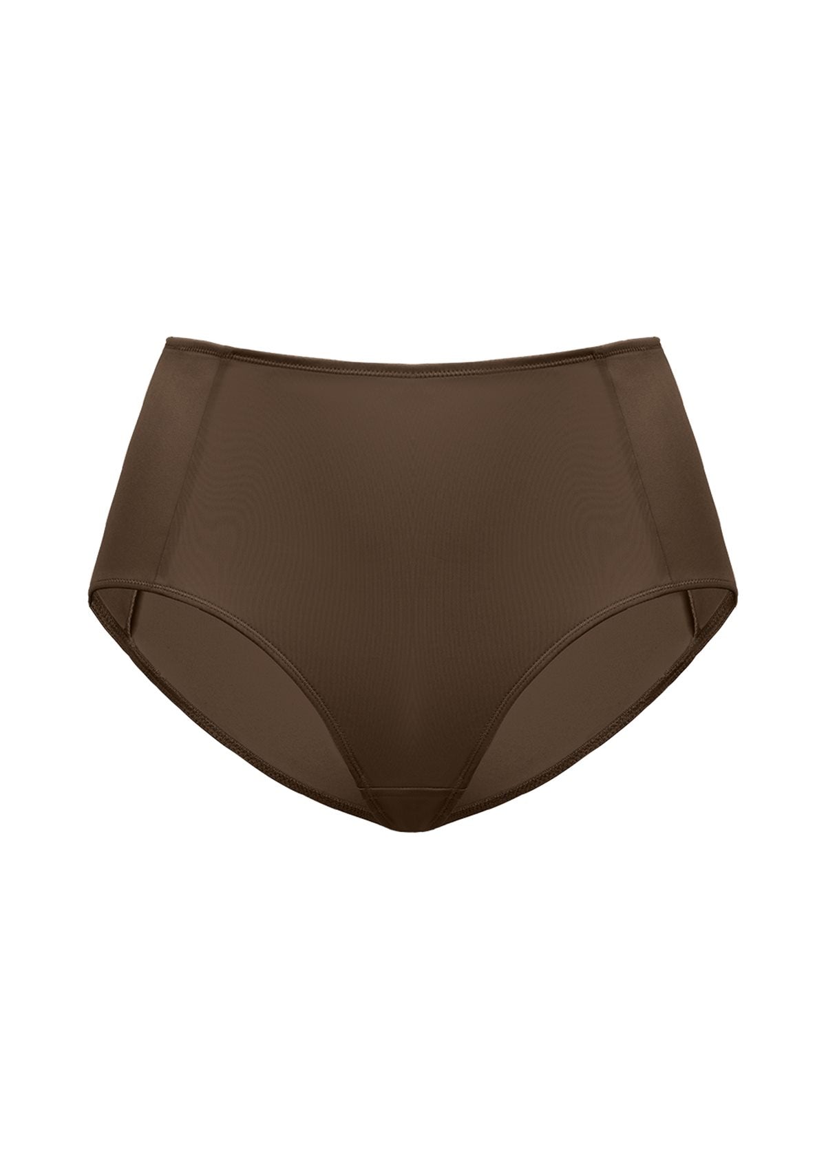 Detailed studio product view of the Cocoa Brown HSIA CoolComfort high-waist brief, emphasizing the premium seamless edges and smooth second-skin finish.