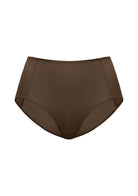 Detailed studio product view of the Cocoa Brown HSIA CoolComfort high-waist brief, emphasizing the premium seamless edges and smooth second-skin finish.
